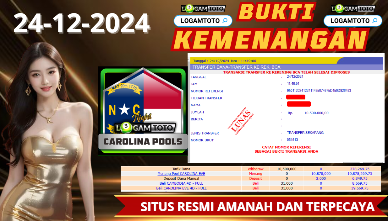 SELAMAT KEPADA MEMBER SETIA LOGAMTOTO BERHASIL JACKPOT DI PERMAINAN TOGEL CAROLINA POOLS